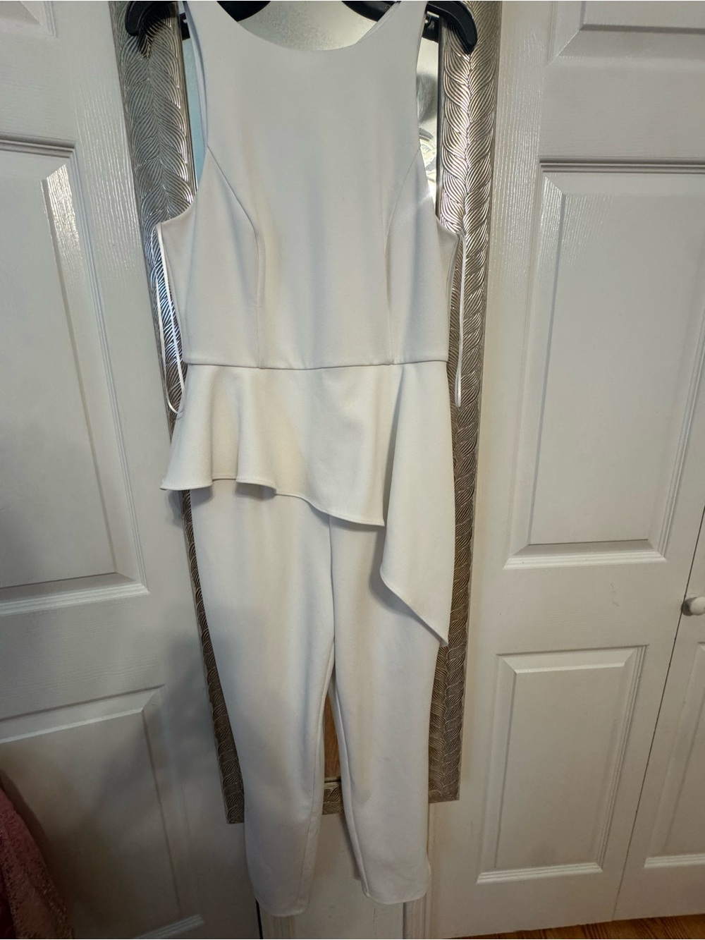 H by Halston White Peplum Jumpsuit with Draped Detail